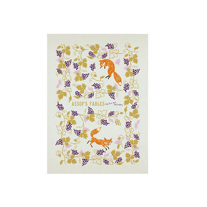 Postcard of 'Aesop's Fables' with fox illustrations and floral design on a white background.