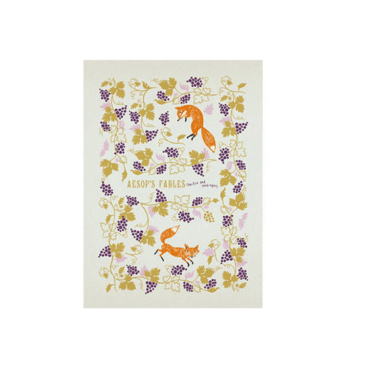 Postcard of 'Aesop's Fables' with fox illustrations and floral design on a white background.