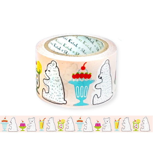 A roll of washi tape featuring cute polar bear illustrations and colorful dessert prints, shown alongside a flat strip of the pattern on a white background.