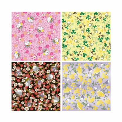 Four floral patterns in different colors arranged in a grid.