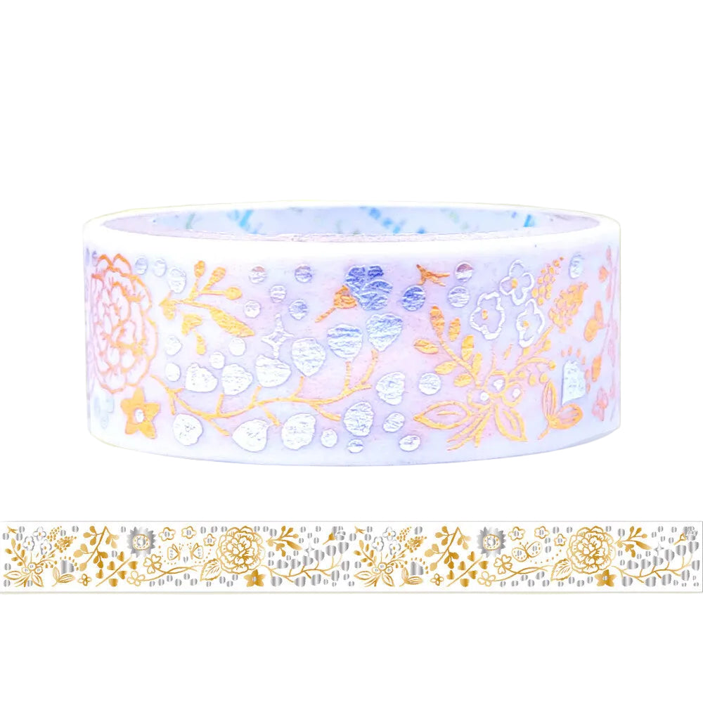 A roll of decorative washi tape with a floral pattern in copper and silver foil