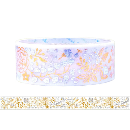 A roll of decorative washi tape with a floral pattern in copper and silver foil