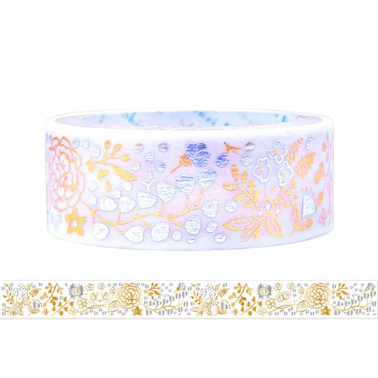 A roll of decorative washi tape with a floral pattern in copper and silver foil