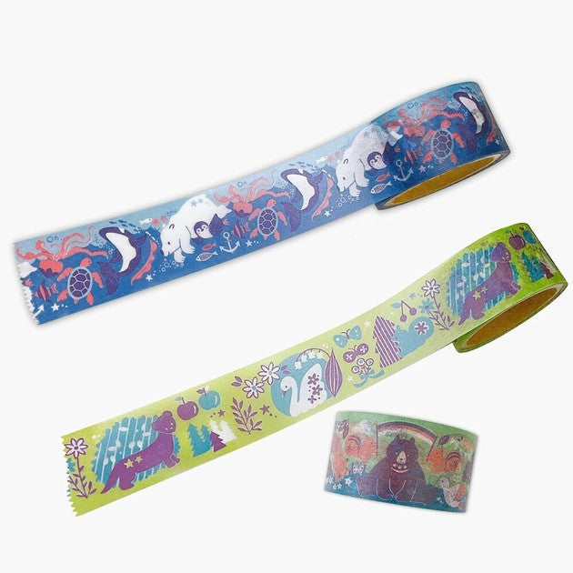 Two rolls of decorative tape with animal illustrations on a white background, featuring text indicating a collaboration item.