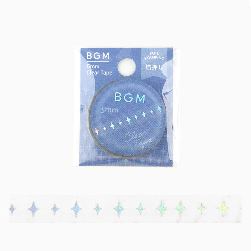 BGM clear tape packaging with star design on a white background