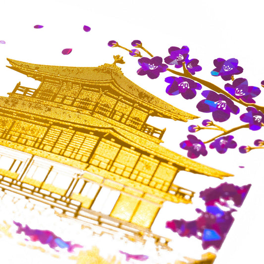 ROKKAKU - Foil-stamped Postcard - Japanese Famous Places Series - Limited Edition Kinkakuji Temple (Rokuonji) - Spring