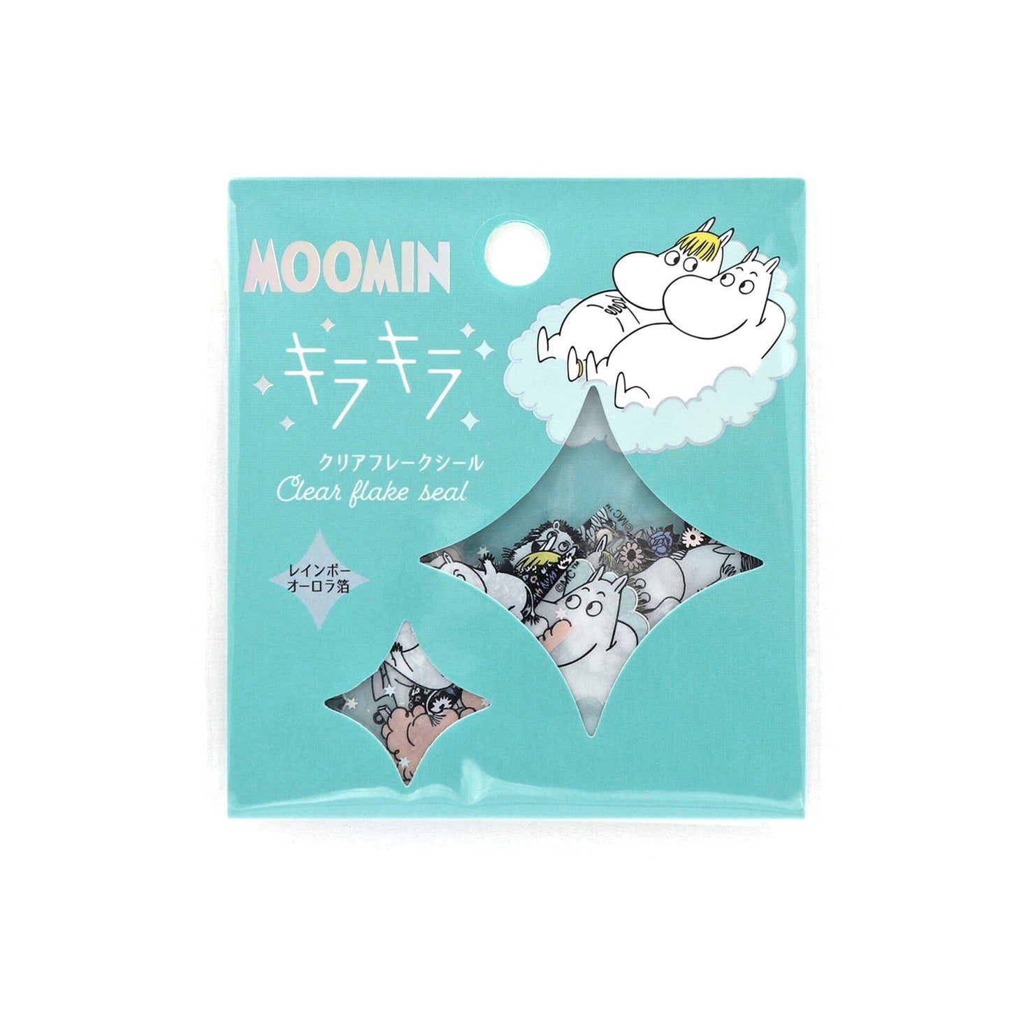 Moomin character clear flake seal packaging on a white background
