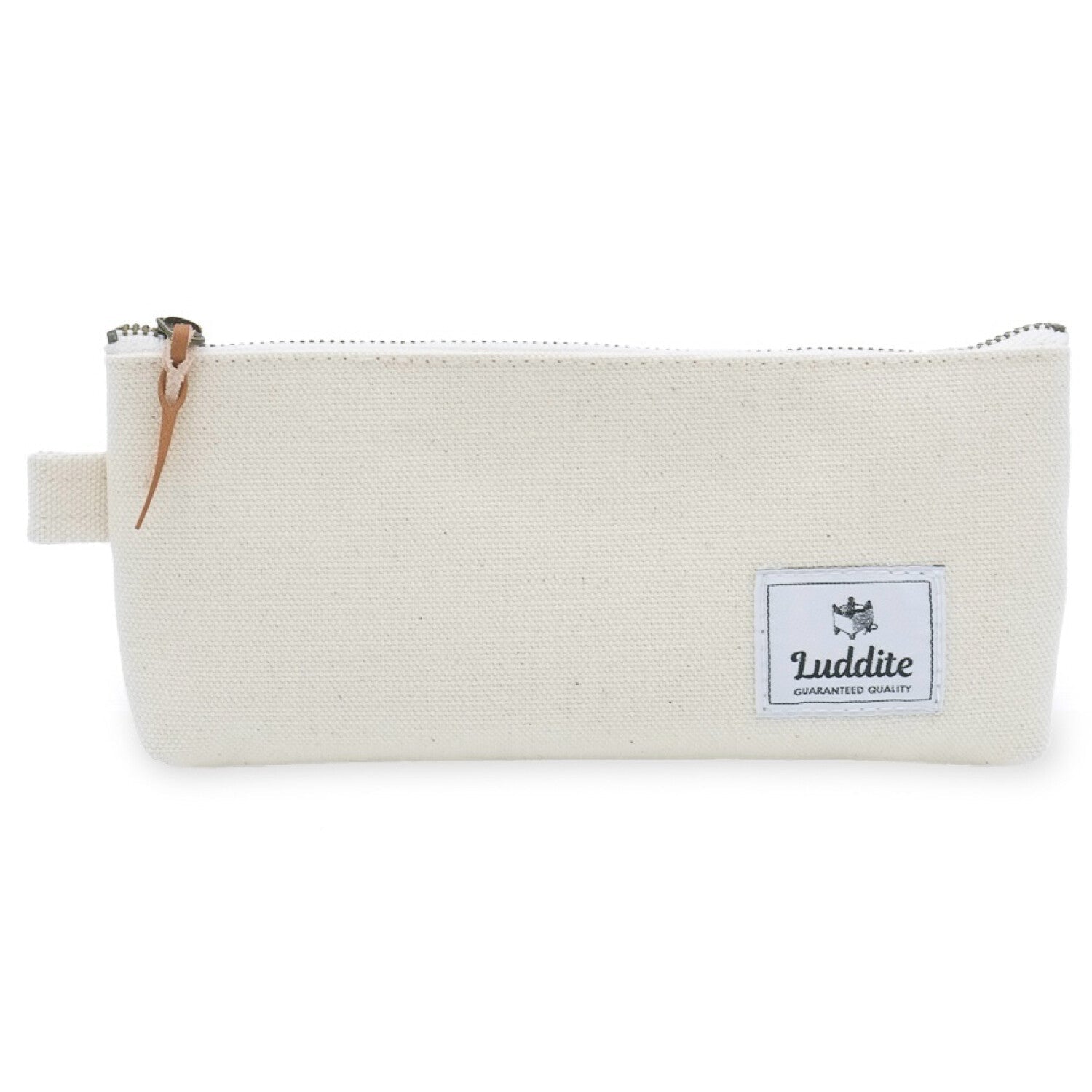 Cream canvas pencil case with a visible brand label on a white background