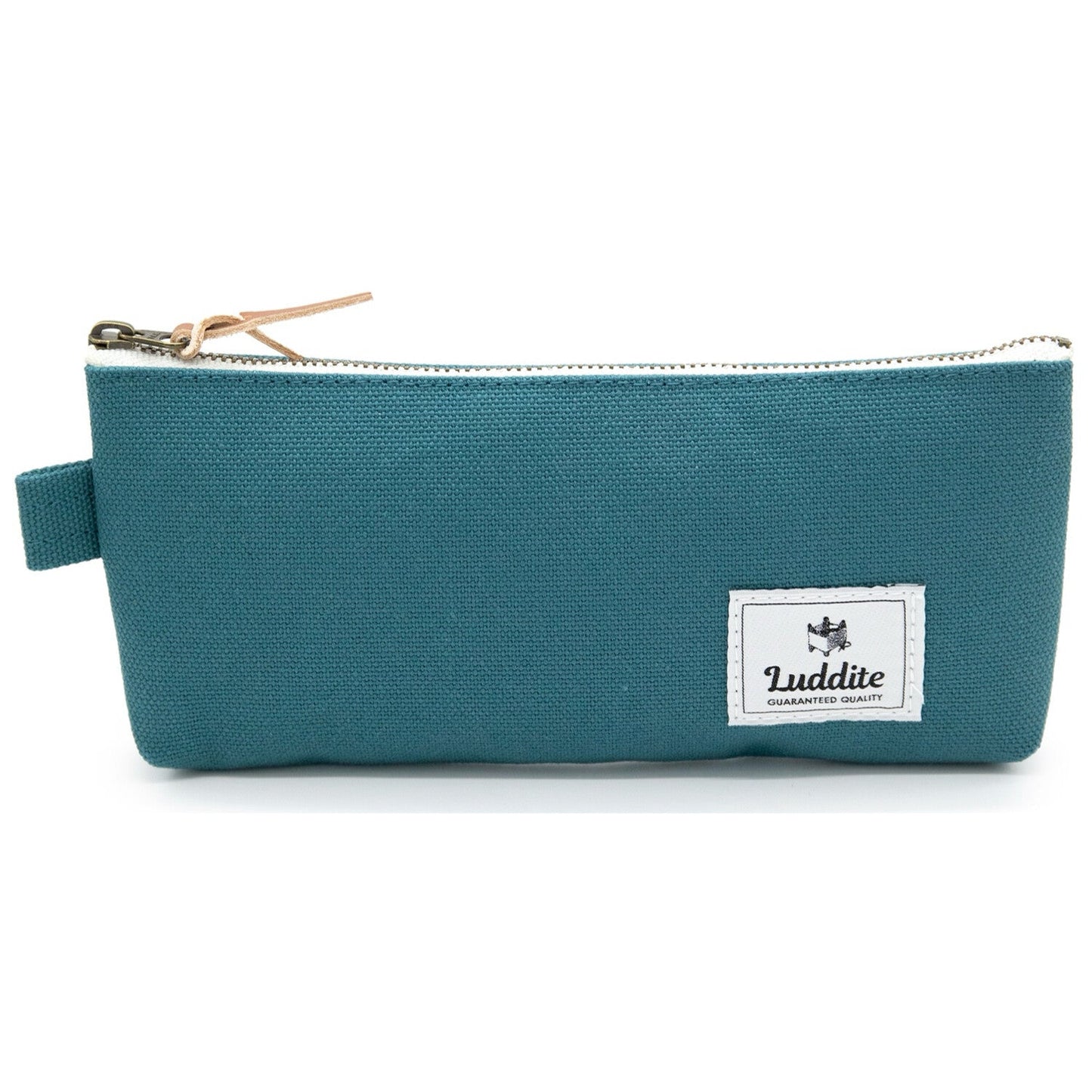 Teal pencil case with a visible Luddite logo on a white background