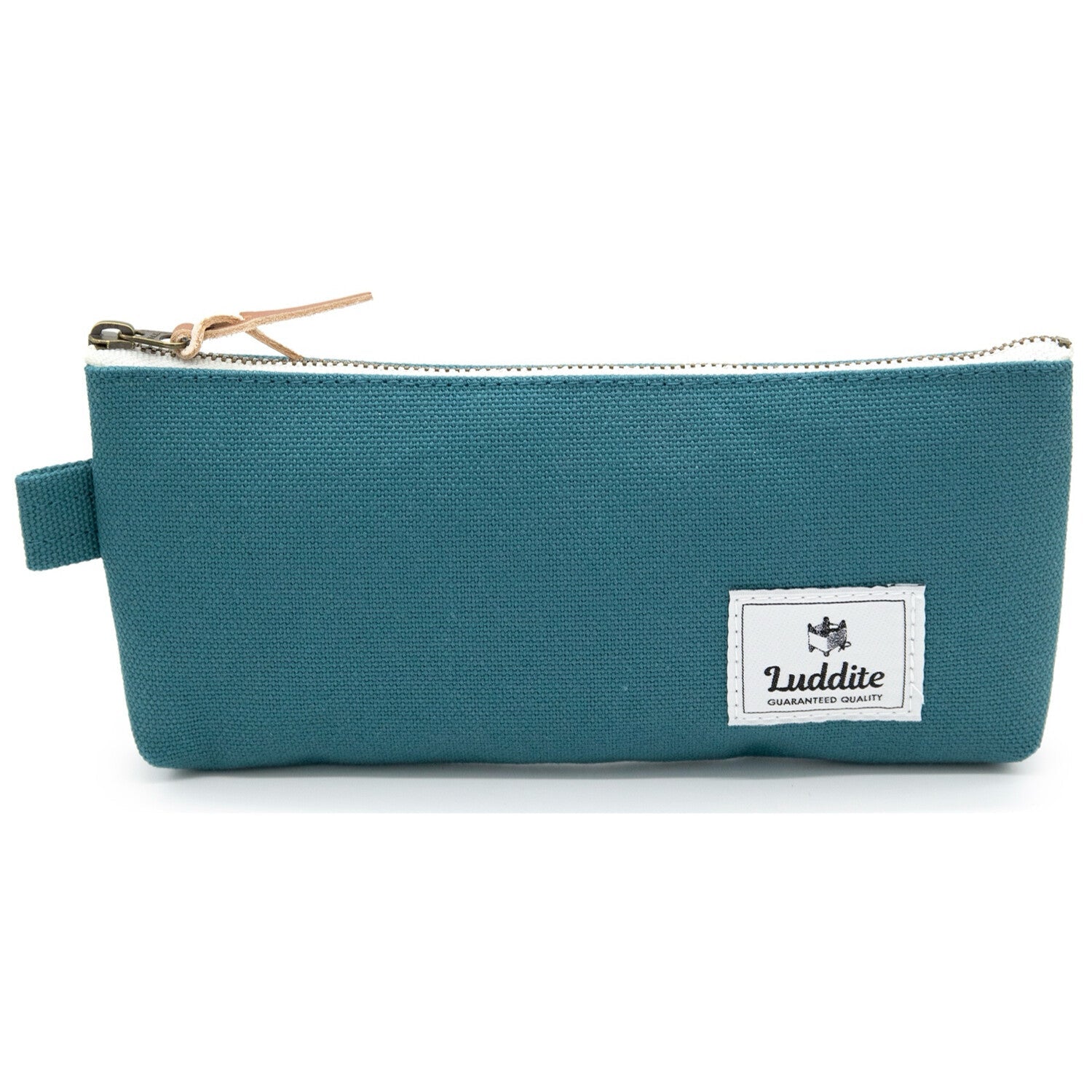 Teal pencil case with a visible Luddite logo on a white background