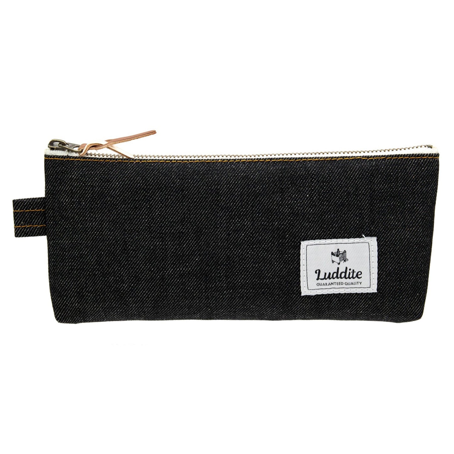 Black denim pencil pouch with a Luddite brand label on a white background