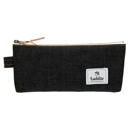 Black denim pencil pouch with a Luddite brand label on a white background