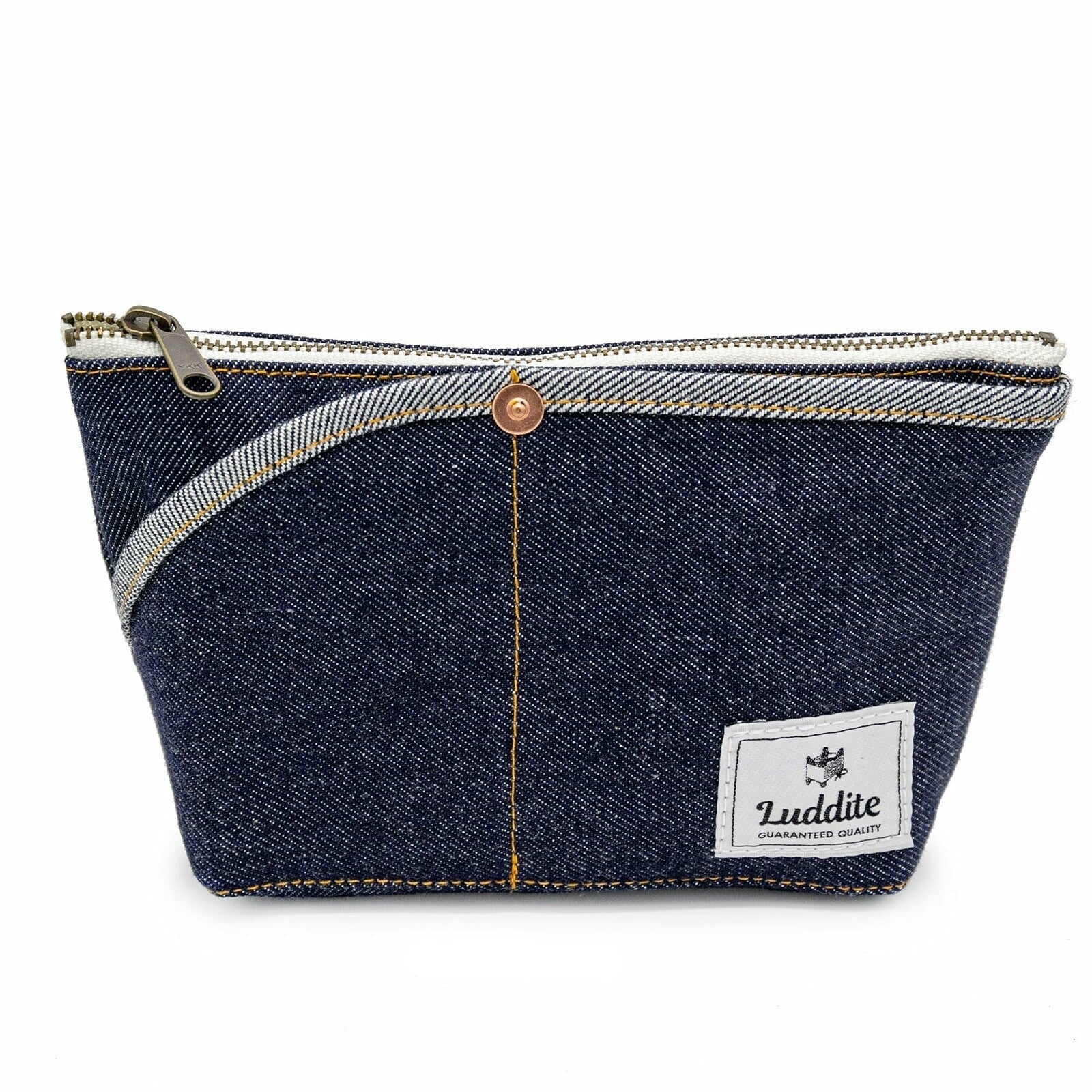 Denim pouch with a visible brand label on a white background