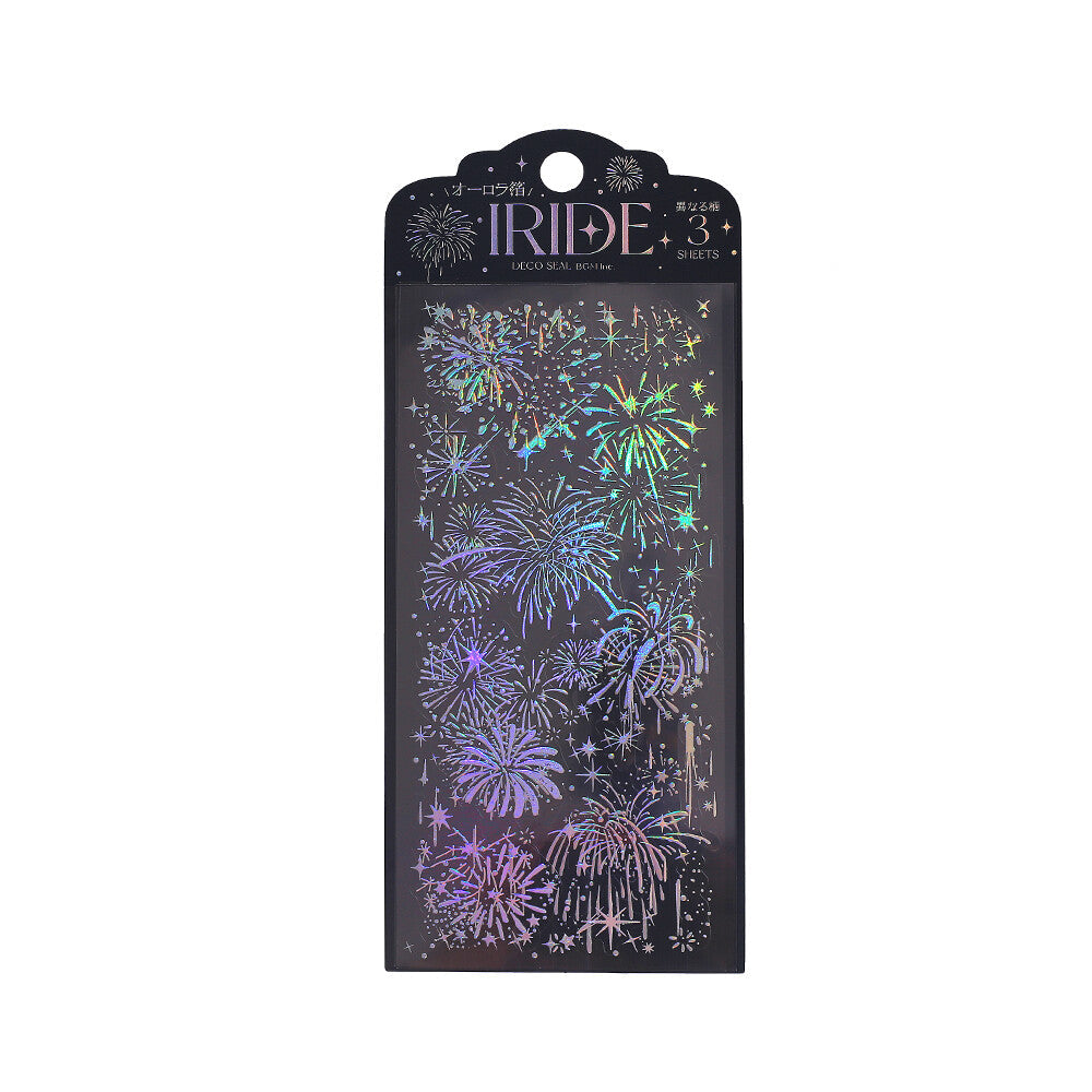 Packaging of IRIDE PET sheets with colorful firework designs on a black background