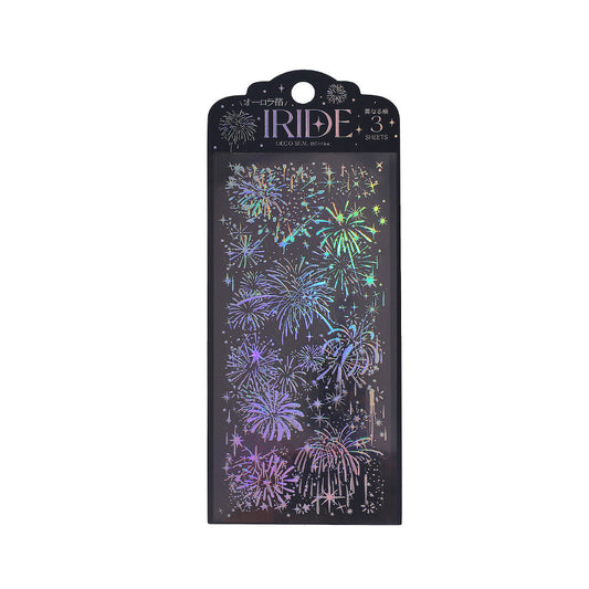 Packaging of IRIDE PET sheets with colorful firework designs on a black background
