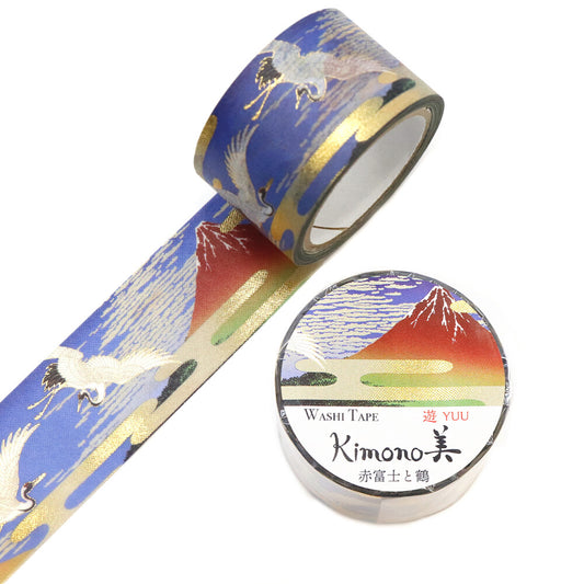 SAIEN - Foil-Stamped Washi Tape - Kimono Series - Red Mt Fuji and Cranes
