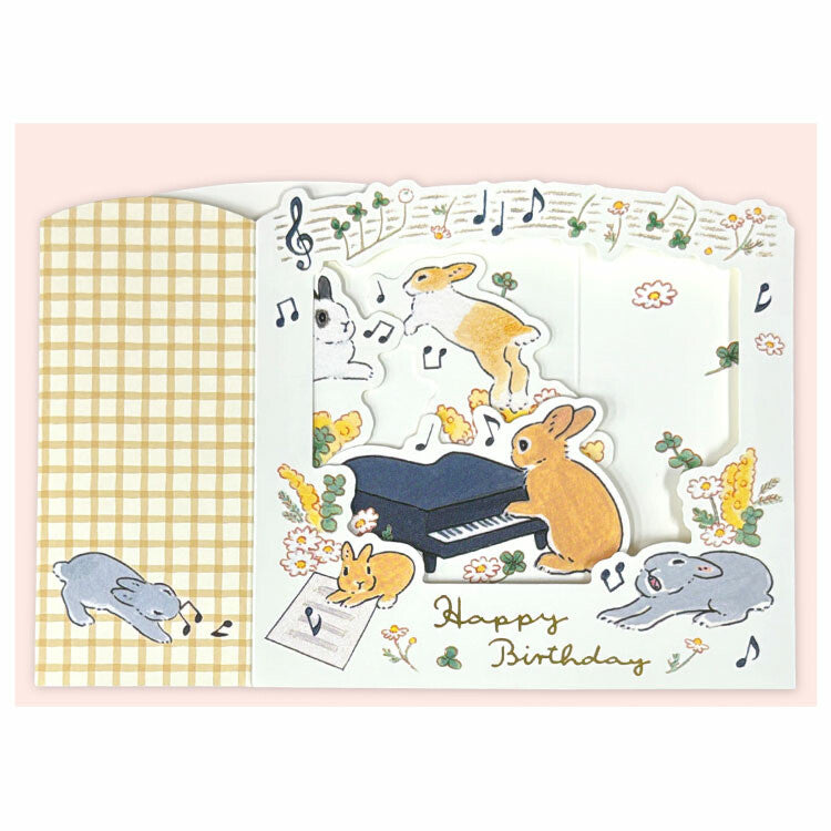 Foil-Stamped 3D Greeting Card - Schinako Moriyama - Rabbits and Music (Happy Birthday)