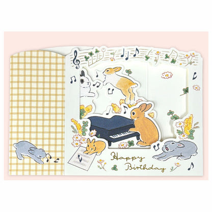 Foil-Stamped 3D Greeting Card - Schinako Moriyama - Rabbits and Music (Happy Birthday)