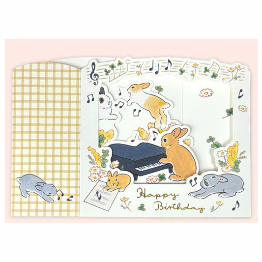 Foil-Stamped 3D Greeting Card - Schinako Moriyama - Rabbits and Music (Happy Birthday)