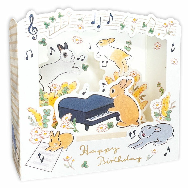 Foil-Stamped 3D Greeting Card - Schinako Moriyama - Rabbits and Music (Happy Birthday)