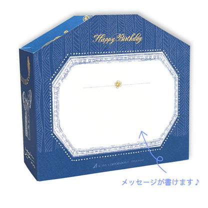 Blue and white birthday greeting card with gold decorative patterns and 'Happy Birthday' text, shown on a white background with Japanese callout text.