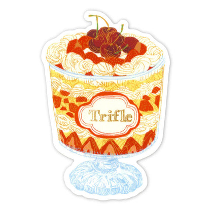 A die-cut sticker featuring an illustrated dessert labeled 'Trifle' with cream, fruit pieces, and cherries, shown on a plain white background.