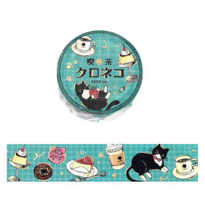Decorative washi tape with cat with coffee, tea, and desserts design on a blue background