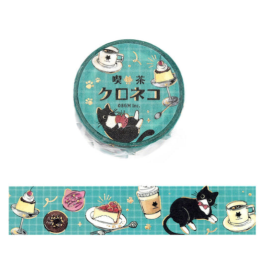 Decorative washi tape with cat with coffee, tea, and desserts design on a blue background