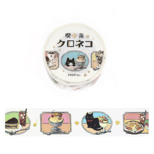 Washi tape with cat-themed illustrations and desserts on a white background