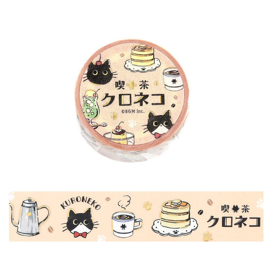 Washi tape with cat, coffee, and desserts illustrations on a white background
