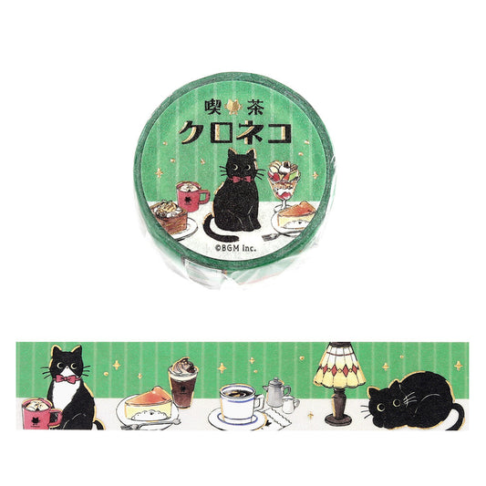 Washi tape with black cat and coffee cafe illustrations on a green background