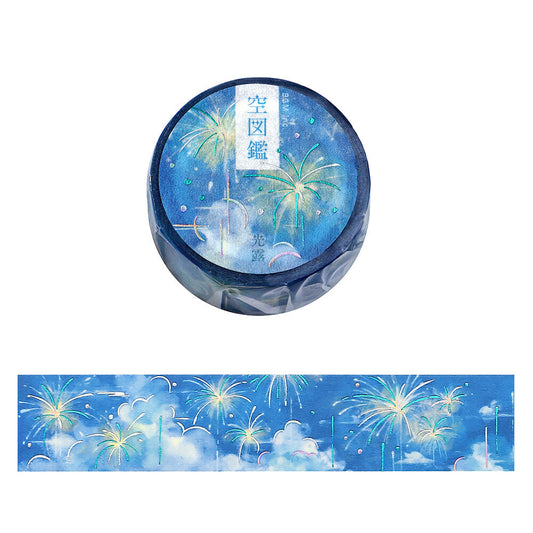 Washi tape with a blue and white design featuring fireworks and clouds on a white background.