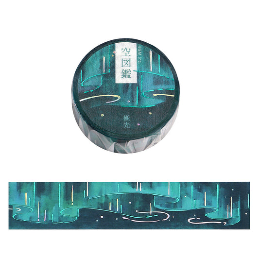 Washi tape with a polar light design on a dark teal green background
