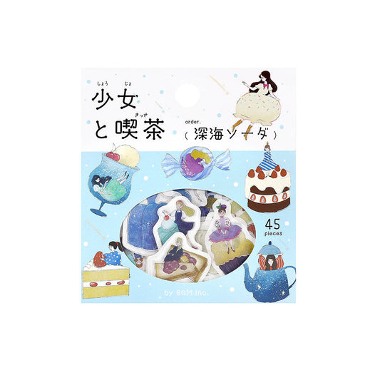 Stickers with illustrations of a girl and tea, including a cake and teacup, on a light blue background.