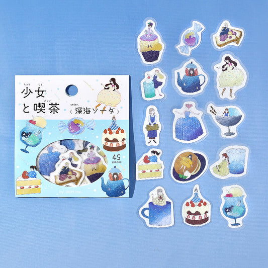 BGM Flake Stickers - Girl and Coffee Shop - Deep Sea Cream Soda