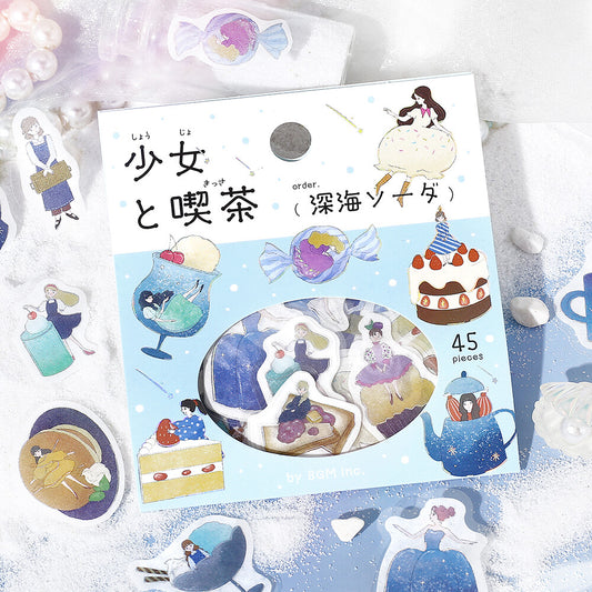 BGM Flake Stickers - Girl and Coffee Shop - Deep Sea Cream Soda