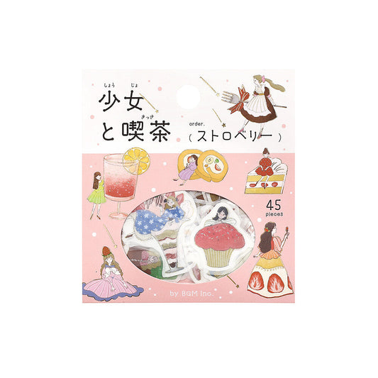 Sticker set packaging with illustrations of girls and strawberry-themed items on a pink background.