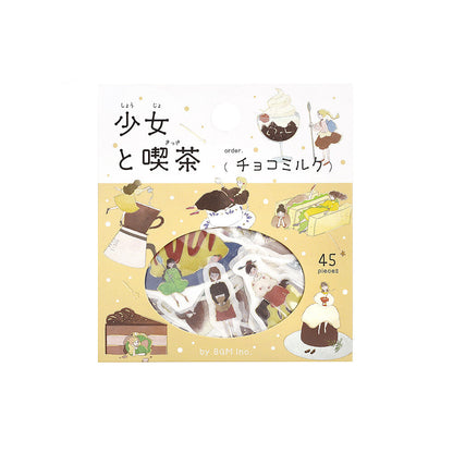 Sticker set packaging with illustrations of girls and cafe-themed items 