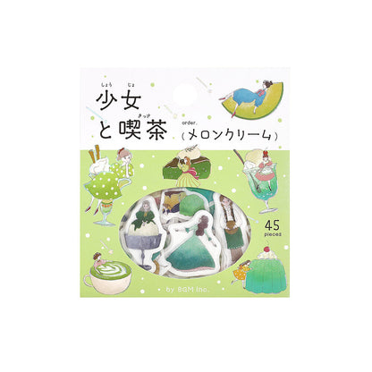 BGM Flake Stickers - Girl and Coffee Shop - Matcha and Melon Cream Soda