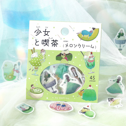 BGM Flake Stickers - Girl and Coffee Shop - Matcha and Melon Cream Soda