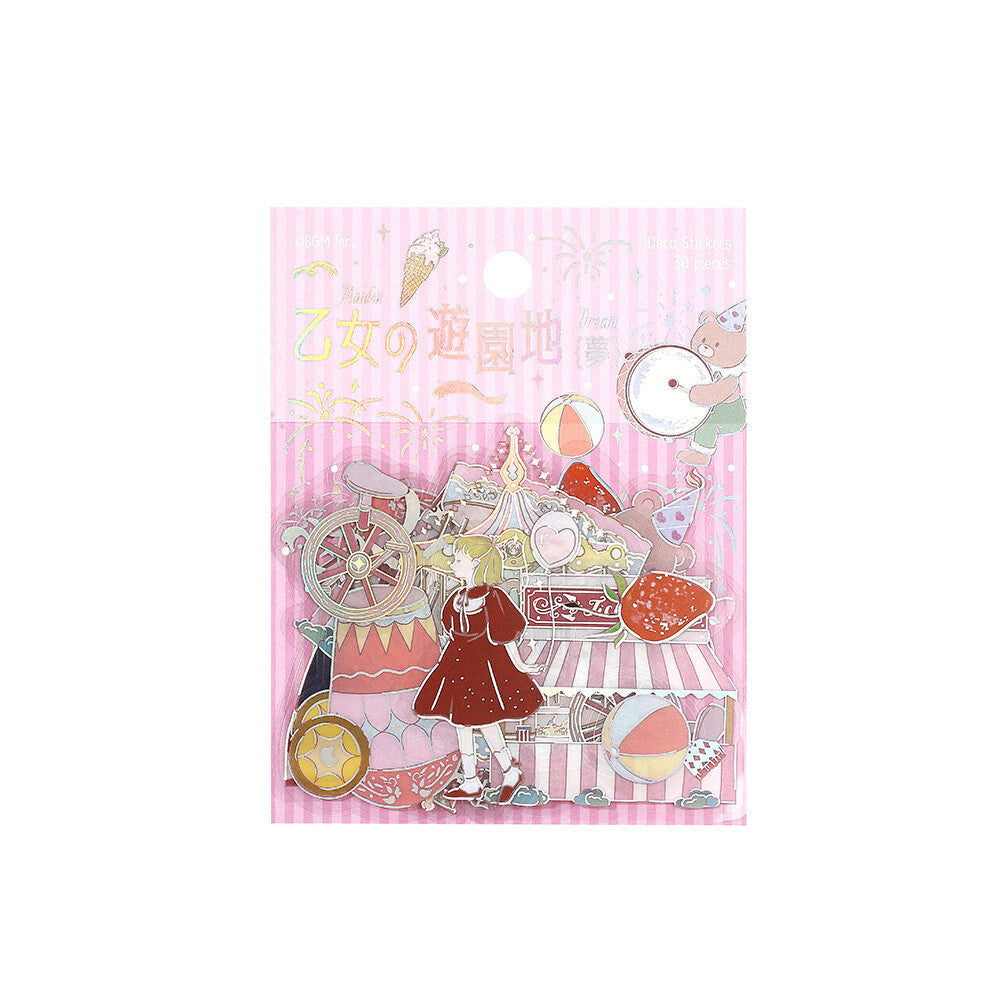 Decorative stickers with young maiden and amusement theme park designs on a pink background