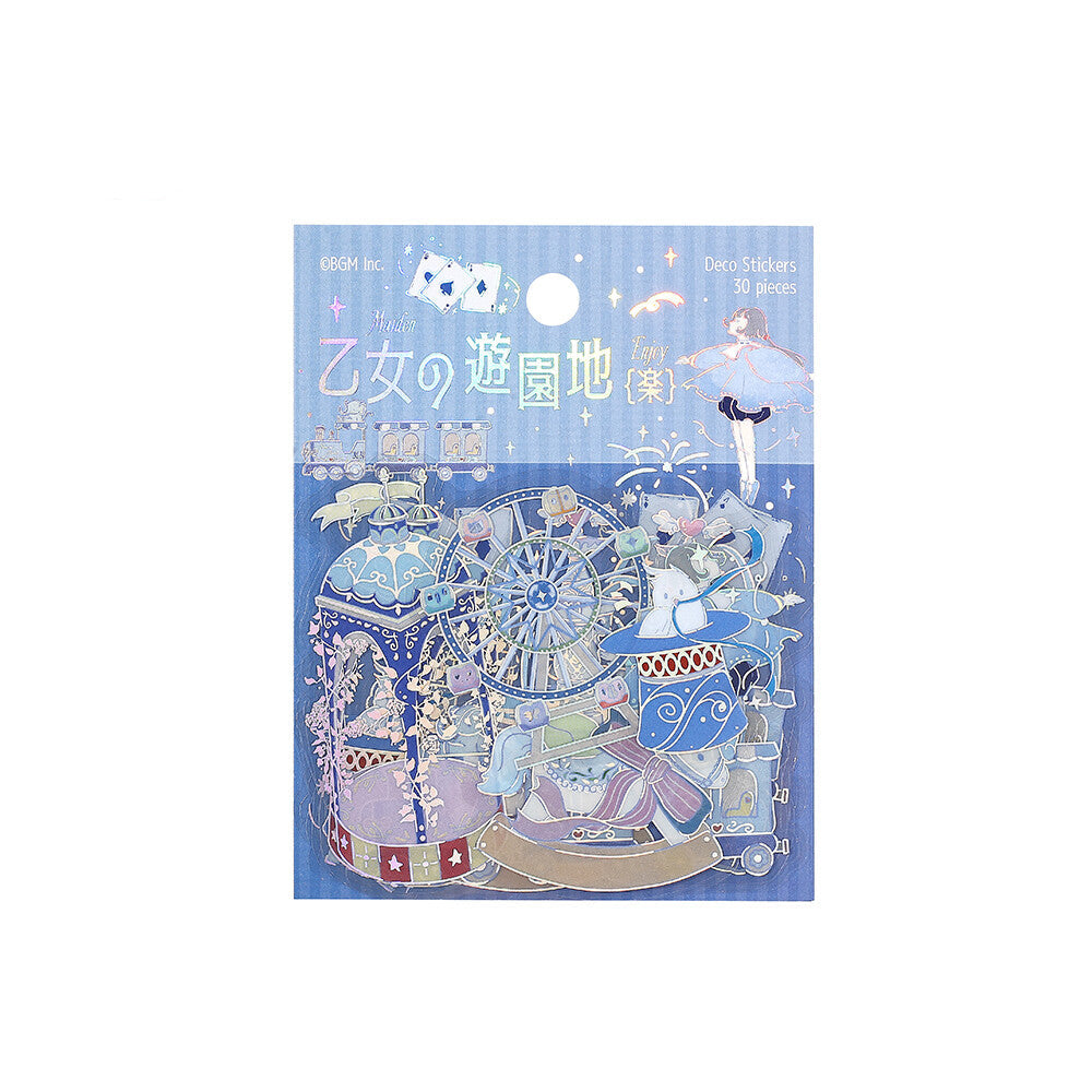 Decorative stickers with young girl and fantasy amusement theme park designs