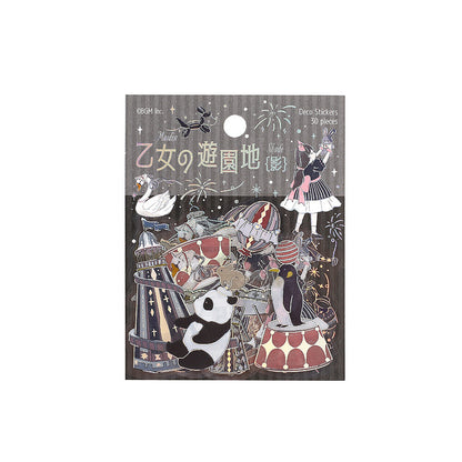 Decorative stickers with young girl and fantasy amusement theme park designs