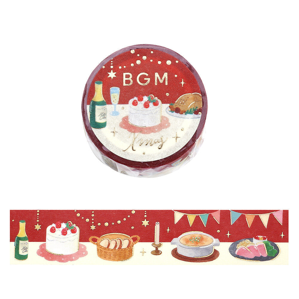 Washi tape with illustrations of a cake, bottles, and other items on a red background.