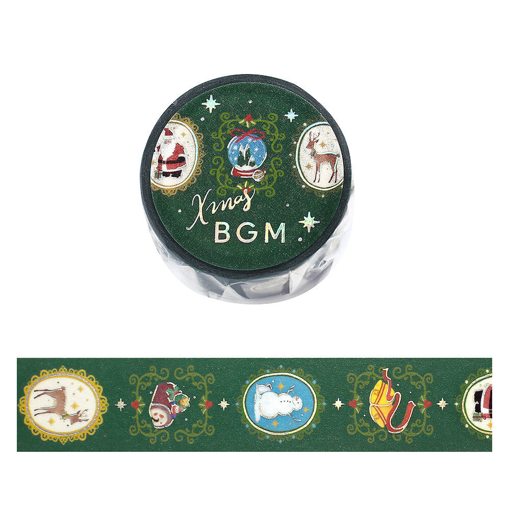 Decorative washi with Christmas-themed illustrations on a green background