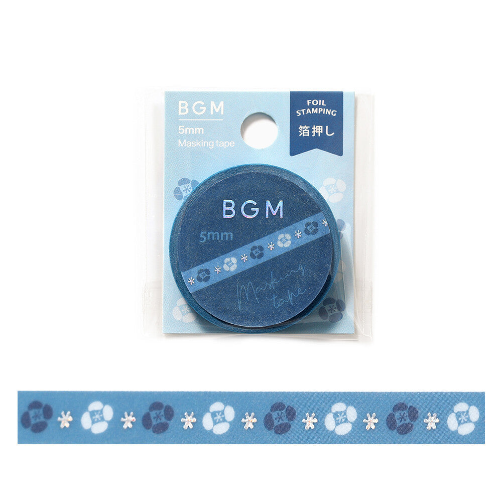 Blue BGM 5mm masking tape with a floral pattern, shown in its light blue retail packaging with a strip of the tape displayed below.