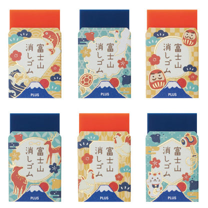 Six colorful Japanese eraser packages with Mount Fuji design.
