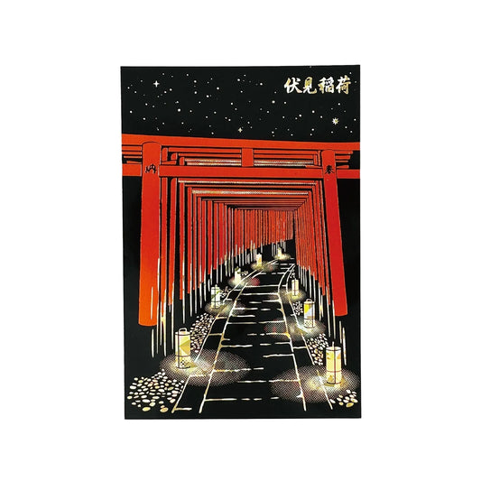 Design of red torii gates with Japanese lanterns on a gray background