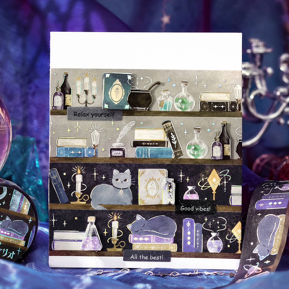 Illustrated bookshelf tape with various objects and text on a purple background