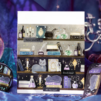 Illustrated bookshelf tape with various objects and text on a purple background